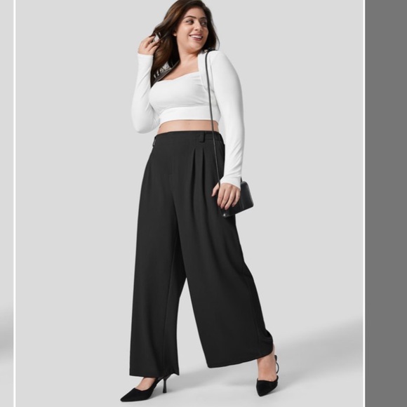 High Waisted Plicated Side Pocket Wide Leg Waffle Work Plus Size Pants 1x - Picture 2 of 4